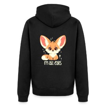 Wüstenfuchs: Ich bin ganz Ohr! - Unisex Premium Bio Zip Hoodie - Schwarz - Hinten - Nico (187cm)