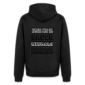 Zuhause wird der Bauch niemals eingezogen - Unisex Premium Bio Zip Hoodie - Schwarz - Hinten - Nico (187cm)