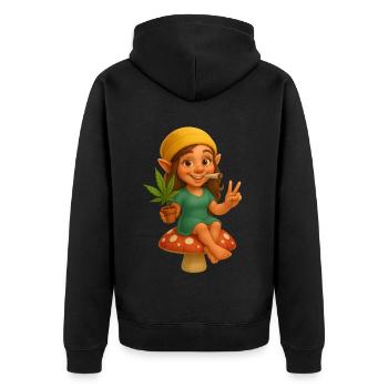 Knuffige Zwergin kifft auf Fliegenpilz - Cannabis - Unisex Premium Bio Zip Hoodie - Schwarz - Hinten - Nico (187cm)
