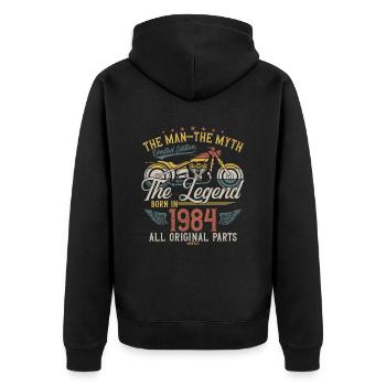 1984 Vintage Man Myth Legend Motorcycle - Unisex Premium Organic Zip Hoodie - black - Back - Nico (187cm)