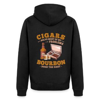Zigarren und Bourbon Whiskey Lustiger Spruch - Unisex Premium Bio Zip Hoodie - Schwarz - Hinten - Nico (187cm)