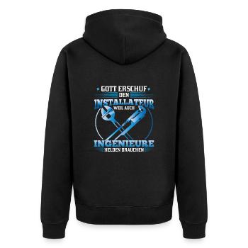 Installer God created him because engineers also - Unisex Premium Organic Zip Hoodie - black - Back - Nico (187cm)
