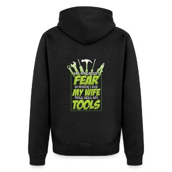 Handwerker Angst Frau verkauft mein Werkzeug - Unisex Premium Bio Zip Hoodie - Schwarz - Hinten - Nico (187cm)