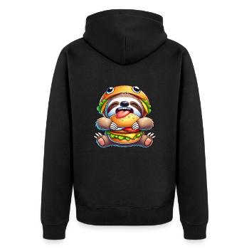 Funny Sloth with Burger Fast Food Hat - Unisex Premium Organic Zip Hoodie - black - Back - Nico (187cm)
