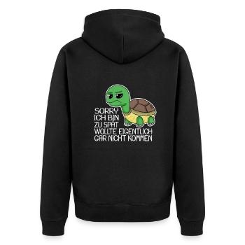 zu spät spruch lustig - Unisex Premium Bio Zip Hoodie - Schwarz - Hinten - Nico (187cm)