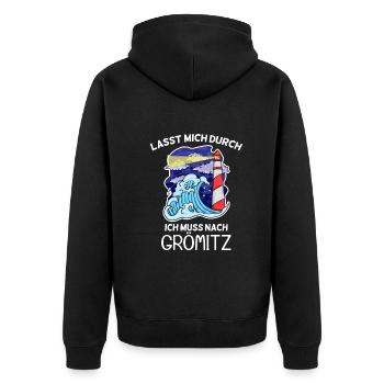 Grömitz Spruch - Unisex Premium Bio Zip Hoodie - Schwarz - Hinten - Nico (187cm)