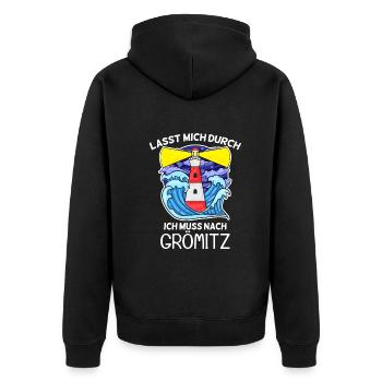 Grömitz Spruch - Unisex Premium Bio Zip Hoodie - Schwarz - Hinten - Nico (187cm)