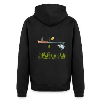 Lustiger Angelhai Fischer Great White Shark - Unisex Premium Bio Zip Hoodie - Schwarz - Hinten - Nico (187cm)