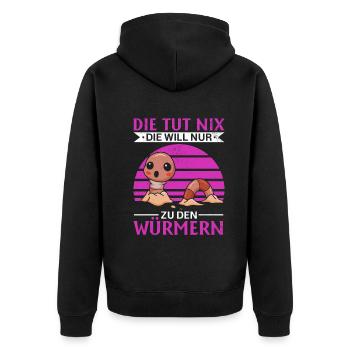 Die Tut Nix Die Will Nur Zu Den Würmern - Unisex Premium Bio Zip Hoodie - Schwarz - Hinten - Nico (187cm)