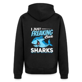 Großer White Shark Lover Ich liebe Haie einfach - Unisex Premium Bio Zip Hoodie - Schwarz - Hinten - Nico (187cm)