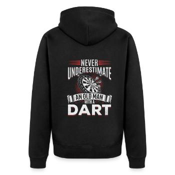 Dartspieler Ich unterschätze nie einen alten Mann - Unisex Premium Bio Zip Hoodie - Schwarz - Hinten - Nico (187cm)