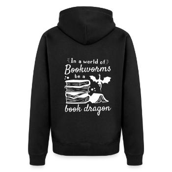 Funny Book Lover - In A World Of Bookworms Be A - Unisex Premium Bio Zip Hoodie - Schwarz - Hinten - Nico (187cm)