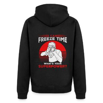 Lustige Fotografie Ich kann die Zeit einfrieren - Unisex Premium Bio Zip Hoodie - Schwarz - Hinten - Nico (187cm)