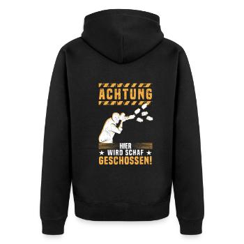Fotografie Achtung Hier wird Schaf geschossen - - Unisex Premium Bio Zip Hoodie - Schwarz - Hinten - Nico (187cm)