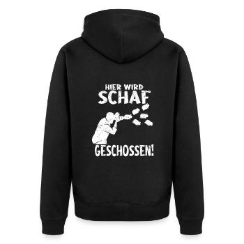 Fotografie Hier wird Schaf geschossen - Lustiger - Unisex Premium Bio Zip Hoodie - Schwarz - Hinten - Nico (187cm)