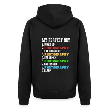 Tagesplan für Fotografen Meine perfekte - Unisex Premium Bio Zip Hoodie - Schwarz - Hinten - Nico (187cm)