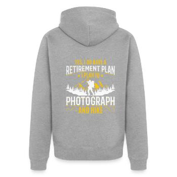 Foto Altersvorsorge Fotografie Wandern Fotograf - Unisex Premium Bio Zip Hoodie - Grau meliert - Hinten - Nico (187cm)
