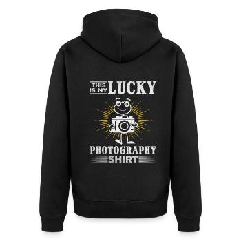 Photographe Ceci est ma photo-photo-chemise chanceuse - Veste à capuche bio Premium Unisexe - noir - Dos - Nico (187cm)