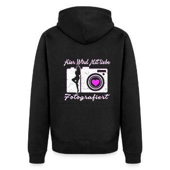 Kamera Fotografie Hier wird mit Liebe fotografiert - Unisex Premium Bio Zip Hoodie - Schwarz - Hinten - Nico (187cm)