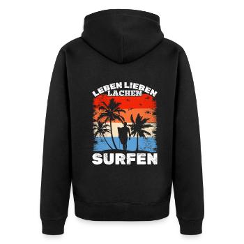 Surfen Wellenreiten Surfer Leben Lieben Lachen - Unisex Premium Bio Zip Hoodie - Schwarz - Hinten - Nico (187cm)