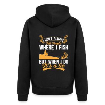 I Don't Always Tell People Where I Fish - Funny Fi - Unisex Premium Bio Zip Hoodie - Schwarz - Hinten - Nico (187cm)