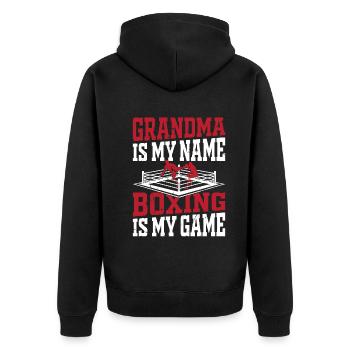 Boxing Grandma is my Name Boxing is my Game - Boxi - Unisex Premium Bio Zip Hoodie - Schwarz - Hinten - Nico (187cm)