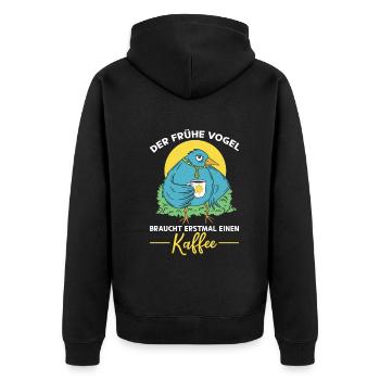 Der Frühe Vogel Braucht Erstmal Einen Kaffee - Frü - Unisex Premium Bio Zip Hoodie - Schwarz - Hinten - Nico (187cm)
