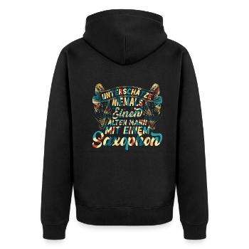 Never Underestimate An Old Man With A Saxophone Ol - Unisex Premium Bio Zip Hoodie - Schwarz - Hinten - Nico (187cm)