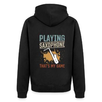 Playing Saxophone That's My Game - Saxophonist Mus - Unisex Premium Bio Zip Hoodie - Schwarz - Hinten - Nico (187cm)