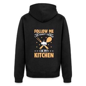 Suivez-moi Je fais des choses folles dans ma cuisine Chef Foo - Veste à capuche bio Premium Unisexe - noir - Dos - Nico (187cm)