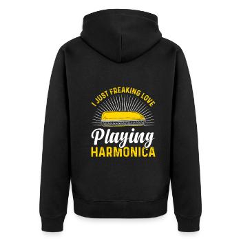I Just Freaking Love Playing Harmonica Harmonicist - Unisex Premium Bio Zip Hoodie - Schwarz - Hinten - Nico (187cm)