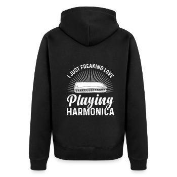 I Just Freaking Love Playing Harmonica Instruments - Unisex Premium Bio Zip Hoodie - Schwarz - Hinten - Nico (187cm)