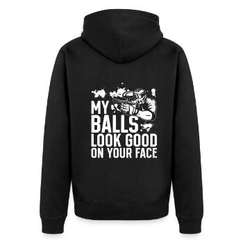 Mes balles ont fière allure sur ton visage - Funny Paintball - Veste à capuche bio Premium Unisexe - noir - Dos - Nico (187cm)