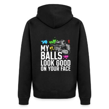 Mes couilles ont fière allure sur ton visage - Funny Paintballe - Veste à capuche bio Premium Unisexe - noir - Dos - Nico (187cm)
