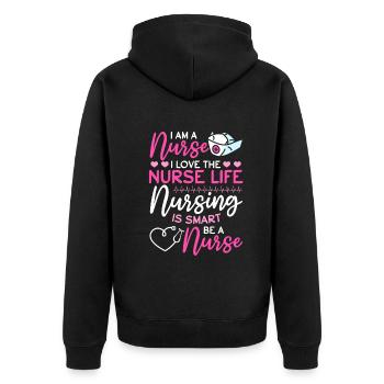 Infirmière d’hôpital - Je suis infirmière. J’aime l’infirmière Li - Veste à capuche bio Premium Unisexe - noir - Dos - Nico (187cm)