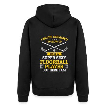 Joueur de floorball unihockey - Super Sexy Floorball - Veste à capuche bio Premium Unisexe - noir - Dos - Nico (187cm)