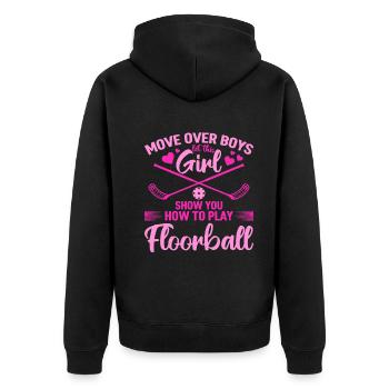 Floorball - Let This Girl Show You How To Play Flo - Unisex Premium Bio Zip Hoodie - Schwarz - Hinten - Nico (187cm)