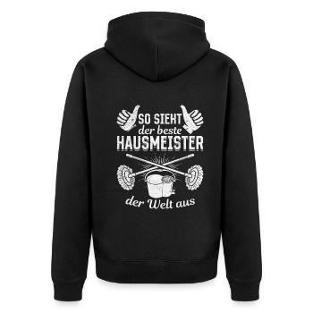 So Sieht Der Beste Hausmeister Der Welt Aus - Unisex Premium Bio Zip Hoodie - Schwarz - Hinten - Nico (187cm)