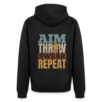 Unihockey - Aim Throw Swear Repeat - Floorball Pla - Unisex Premium Bio Zip Hoodie - Schwarz - Hinten - Nico (187cm)