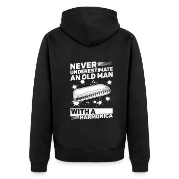 Never Underestimate An Old Man With A Harmonica Pl - Unisex Premium Bio Zip Hoodie - Schwarz - Hinten - Nico (187cm)