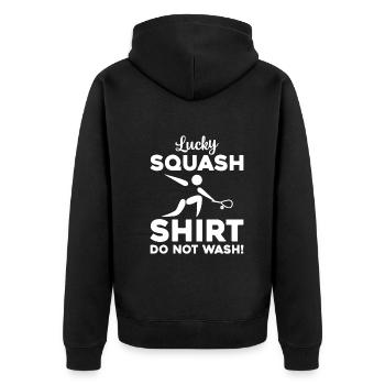 Lucky Squash Shirt Do not wash - Funny Squash - Unisex Premium Bio Zip Hoodie - Schwarz - Hinten - Nico (187cm)
