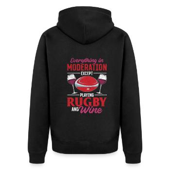 Everything in moderation except playing Rugby and - Unisex Premium Bio Zip Hoodie - Schwarz - Hinten - Nico (187cm)