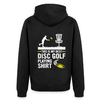 This is my best disc golf playing shirt Disc Golfi - Unisex Premium Organic Zip Hoodie - black - Back - Nico (187cm)