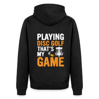 Playing disc golf that's my game - Disc Golfing - Unisex Premium Bio Zip Hoodie - Schwarz - Hinten - Nico (187cm)
