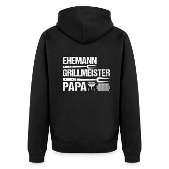 Papa Vatertag Idee - Ehemann Grillmeister Papa - Unisex Premium Bio Zip Hoodie - Schwarz - Hinten - Nico (187cm)