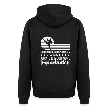 Education is important but Karate is much more imp - Unisex Premium Bio Zip Hoodie - Schwarz - Hinten - Nico (187cm)