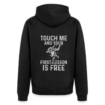Touch me et ta première leçon est gratuite - Funny Jiu - Veste à capuche bio Premium Unisexe - noir - Dos - Nico (187cm)