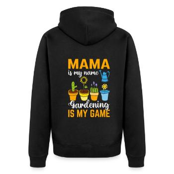 Landscaper Mama is my name Gardening is my game - Unisex Premium Bio Zip Hoodie - Schwarz - Hinten - Nico (187cm)