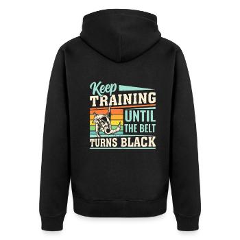 Keep training until the belt turns black - Judo fi - Unisex Premium Bio Zip Hoodie - Schwarz - Hinten - Nico (187cm)