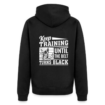 Keep training until the belt turns black - Judo Fi - Unisex Premium Bio Zip Hoodie - Schwarz - Hinten - Nico (187cm)